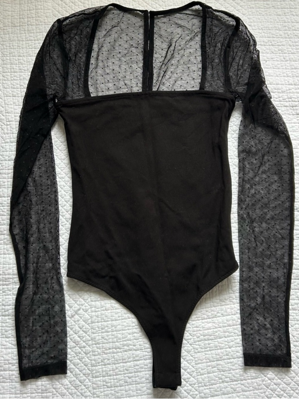 Lovers + Friends Black Sheer Dot Mesh Long-Sleeve Bodysuit
